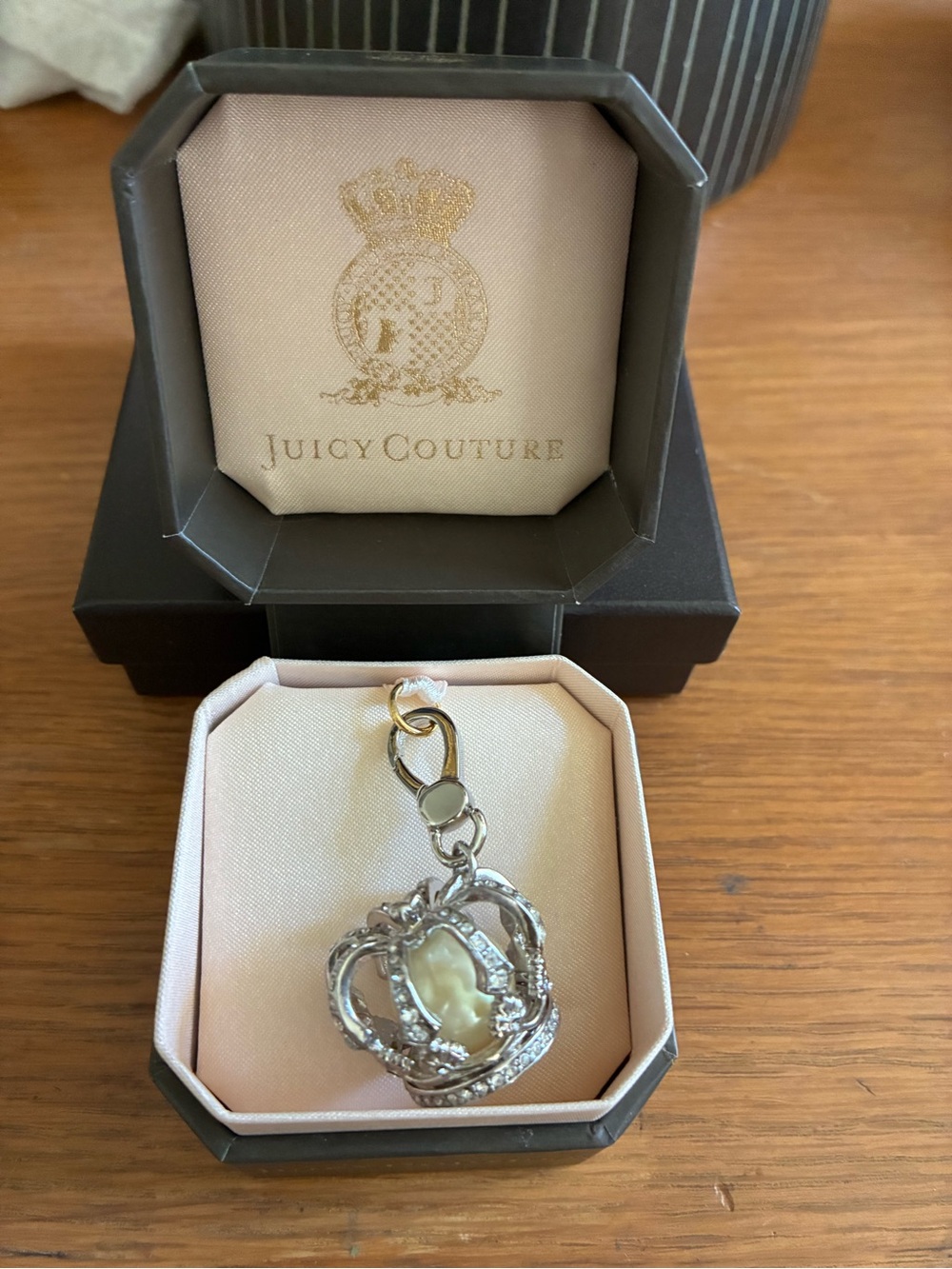 NWT Juicy Couture Silver Bling Crown Charm Pendant with Pearlescent Center
